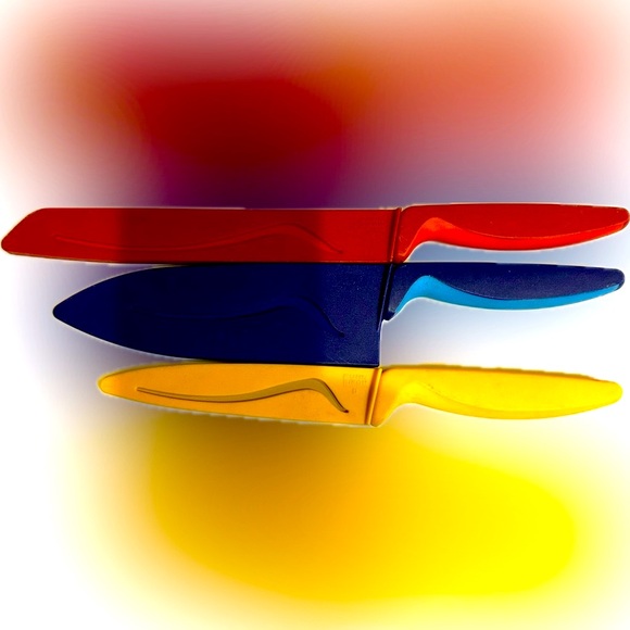 VTG RARE KUHN RIKON SET OF 3 NONSTICK BLADE KNIVES RED BLUE YELLOW 10” 11” 12” - Picture 8 of 10